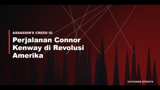 Ilustrasi cerita Assassin's Creed III dengan hutan Frontier bernuansa merah