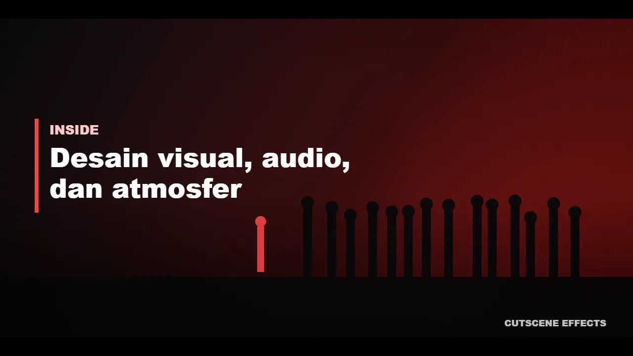 Ilustrasi desain visual INSIDE dengan palet gelap dan aksen merah