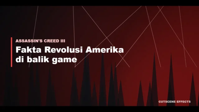 Ilustrasi latar sejarah Assassin's Creed III dengan siluet hutan dan langit merah