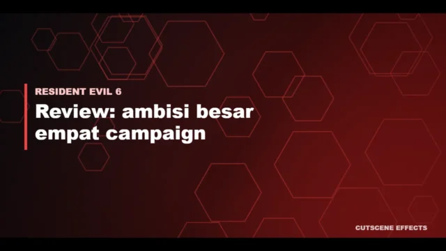 Ilustrasi review Resident Evil 6 dengan pola heksagon merah bernuansa laboratorium