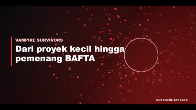 Ilustrasi sejarah perkembangan Vampire Survivors dengan ledakan partikel merah
