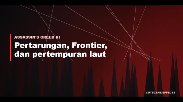 Ilustrasi gameplay Assassin's Creed III dengan pepohonan Frontier dan garis cahaya