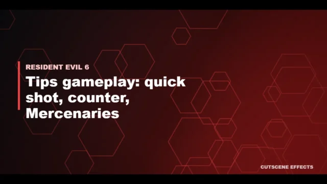 Ilustrasi tips gameplay Resident Evil 6 dengan pola heksagon dan cahaya merah